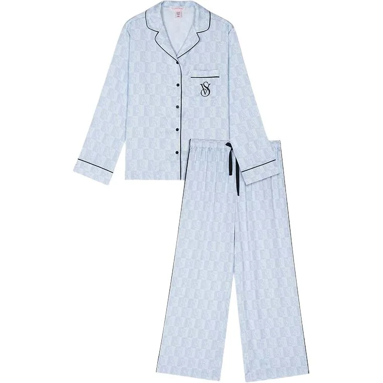 Пижамный комплект из легкого атласного сатина для женщин Victoria's Secret, 12M7 Sky Blue Plaid Pattern-Print