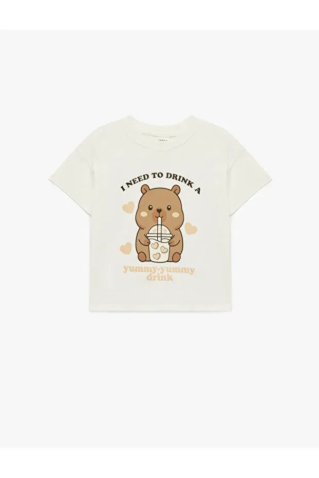 Детская хлопковое футболка с принтом Teddy Bear Printed Crew Neck Short Sleeve T-Shirt Koton, Ecru — фото 3