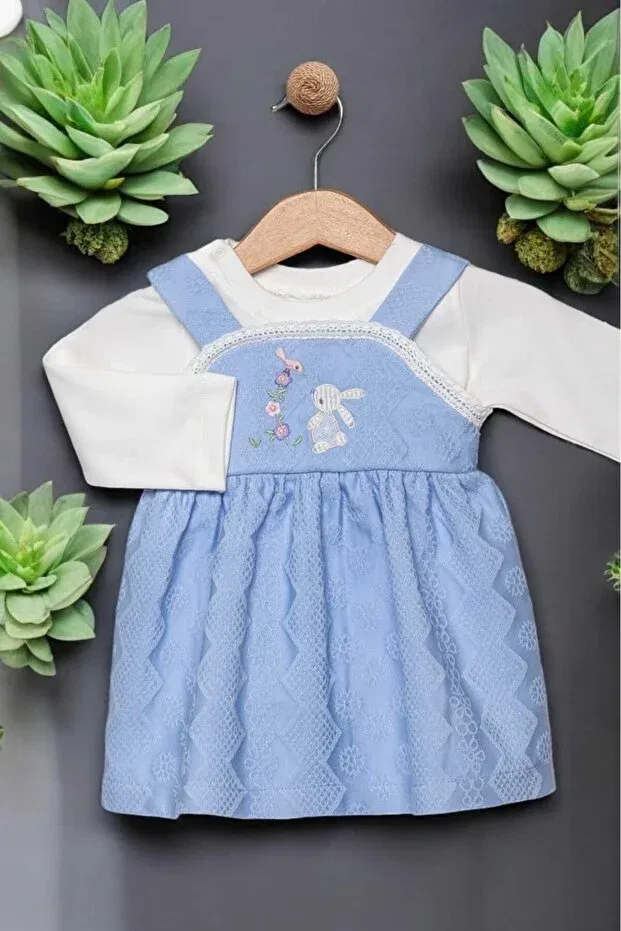 Детское платье для девочек с вышивкой Rabbit Embroidered Badı Pique Dinamik Çocuk, Blue — фото 2