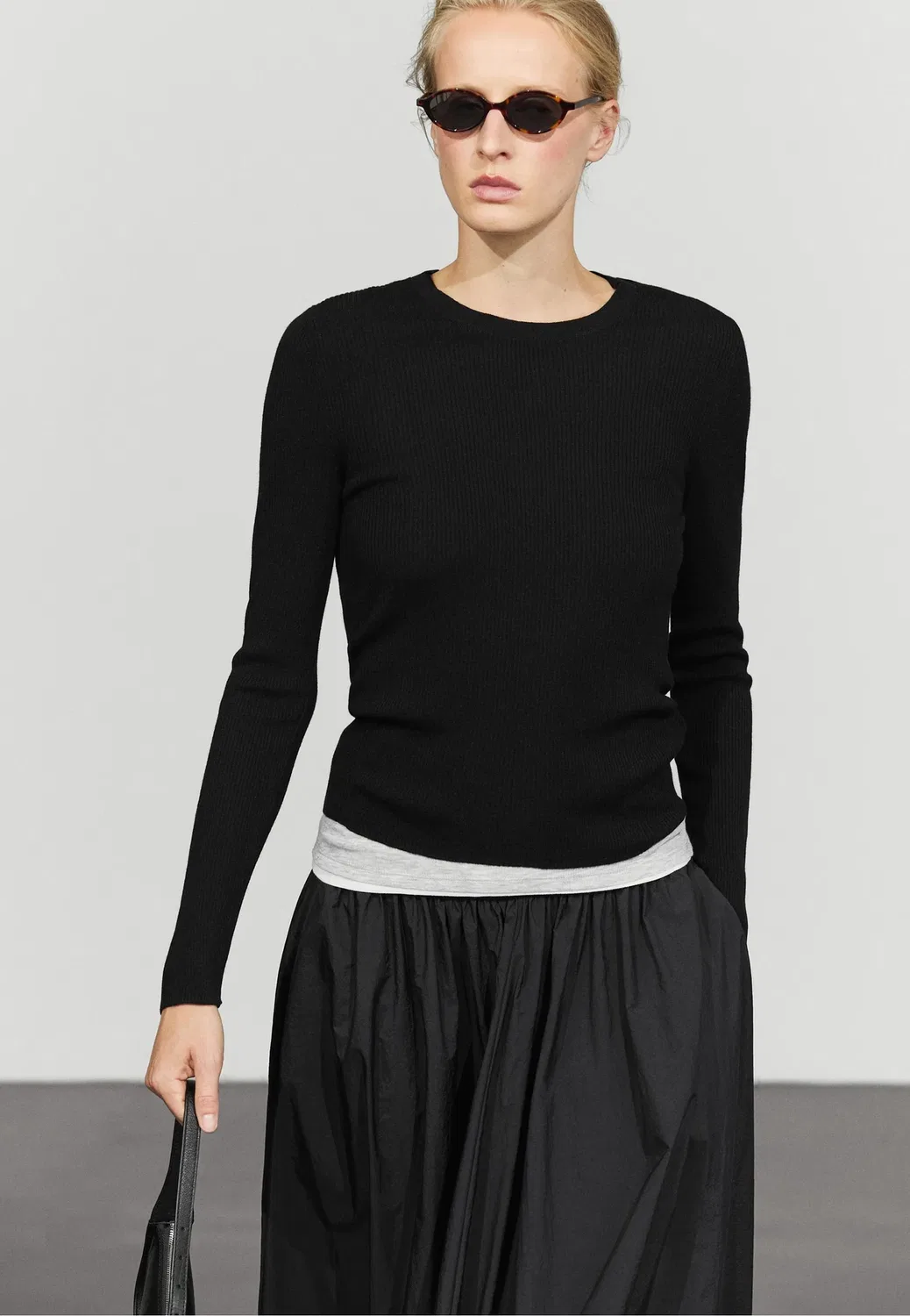 Вязаный свитер из шерстяной смеси в рубчик Massimo Dutti, Metallic Black