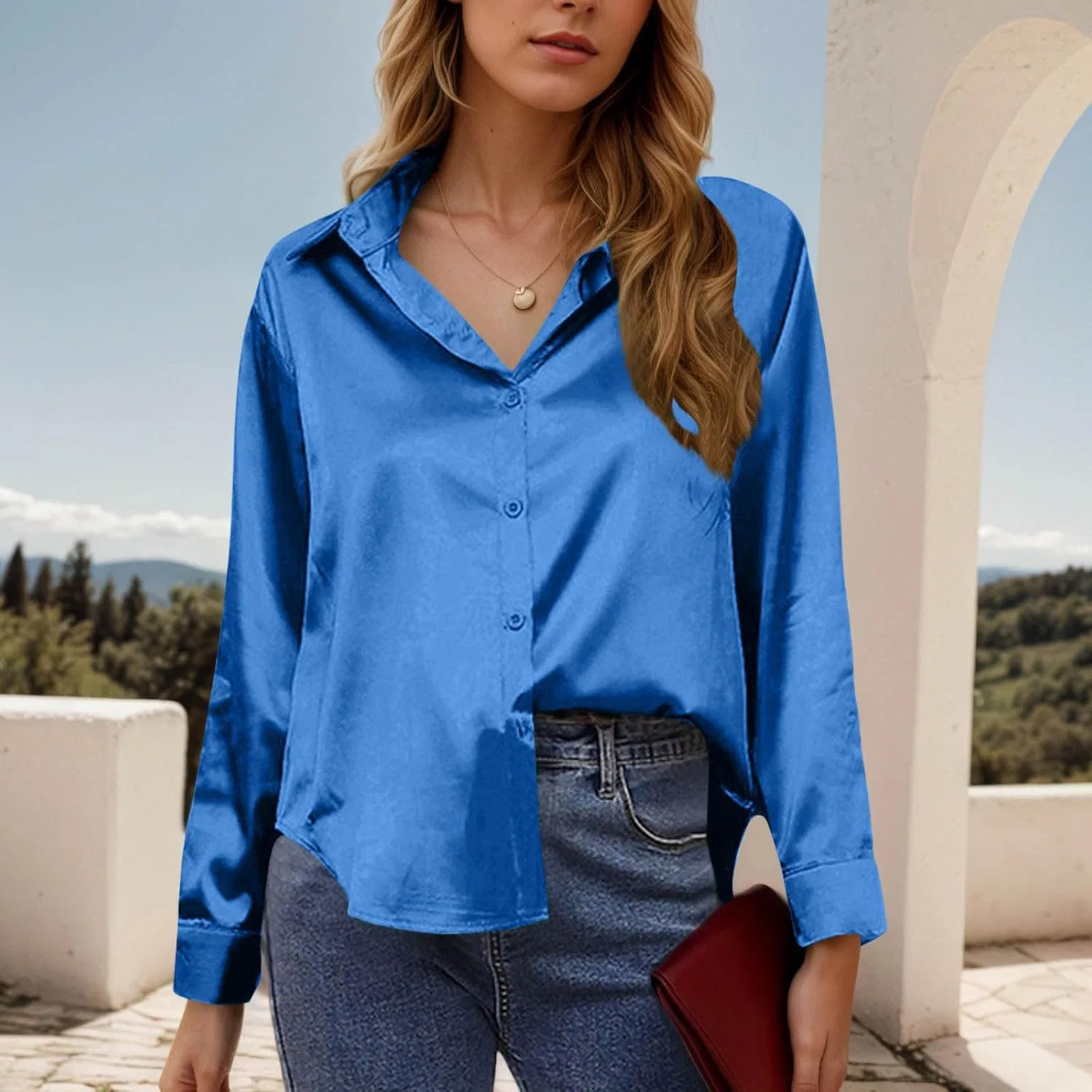 Женская рубашка с длинным рукавом, V-образным вырезом, Satin Silk, синий — фото 4