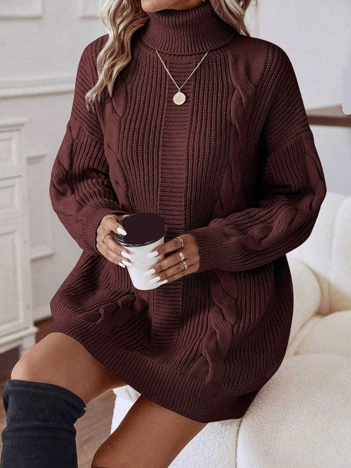 Женское длинное платье с высоким воротом свитер вязки кабель Drop Shoulder, Coffee Brown — фото 3
