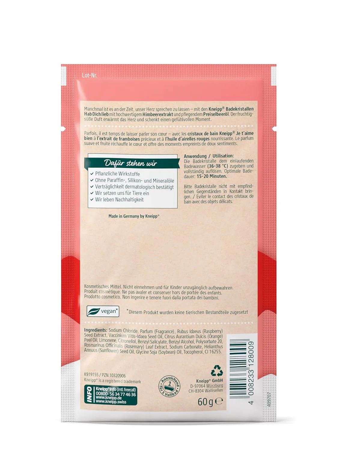 Соль для ванн с экстрактом малины и маслом клюквы Kneipp, 60 г, Белый с фруктовым ароматом — фото 2