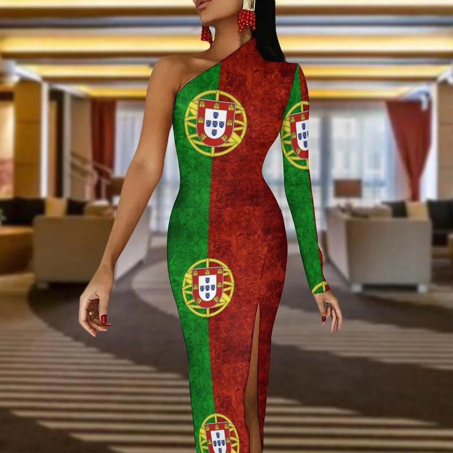 Женское платье с одним плечом и разрезом, Vintage Portuguese Flag, Style — фото 2