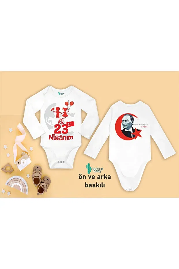 Детское боди с принтом First 23 April Fest Ataturk Written Cotton Baby Bodysuit Cactus Collection, Long Arm