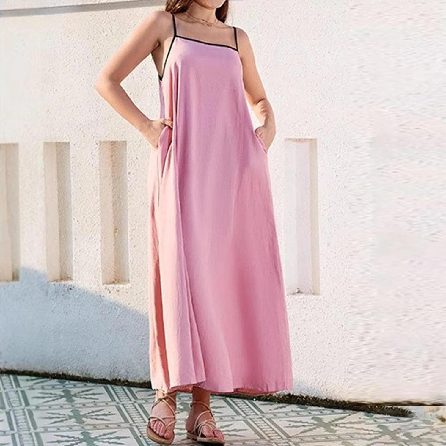 Женское летнее длинное платье на тонких бретелях с открытой спиной Generic, Pink — фото 2