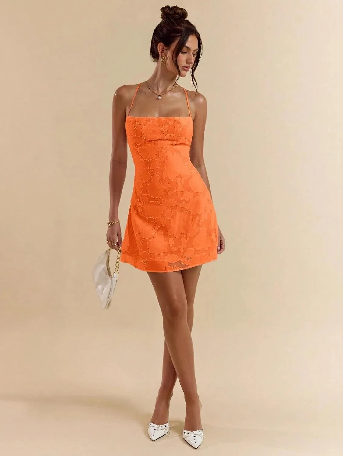 Женское мини-платье на бретельках с завязками сзади, Orange — фото 3