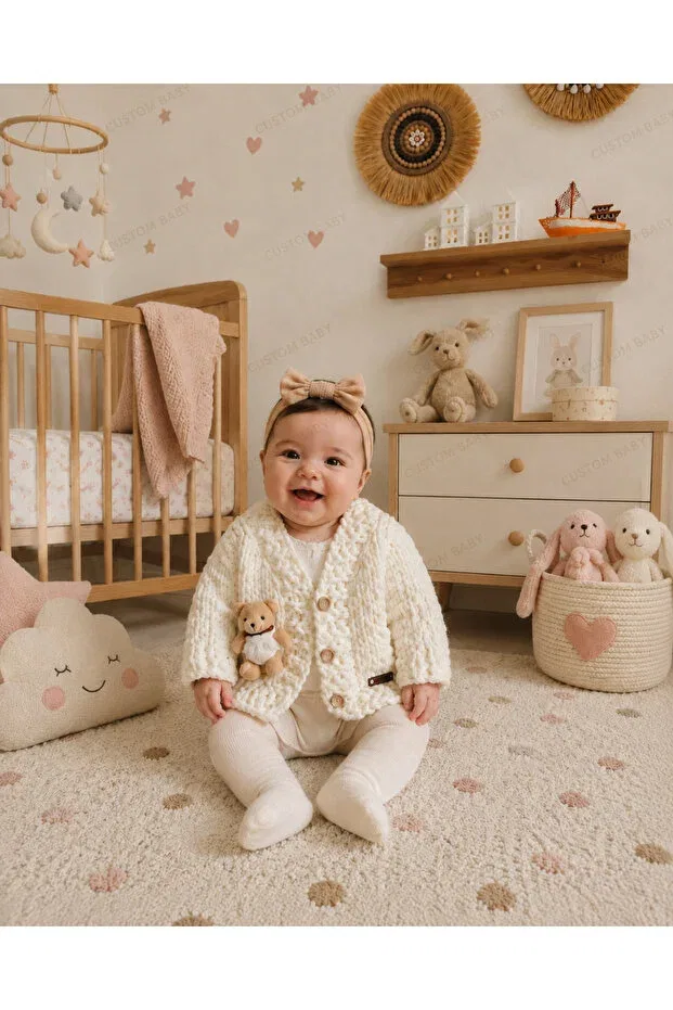 Детский кардиган с принтом Unisex baby cardigan with teddy bear detail, premium design, soft textured alize puffy El Örgüsü, White — фото 2