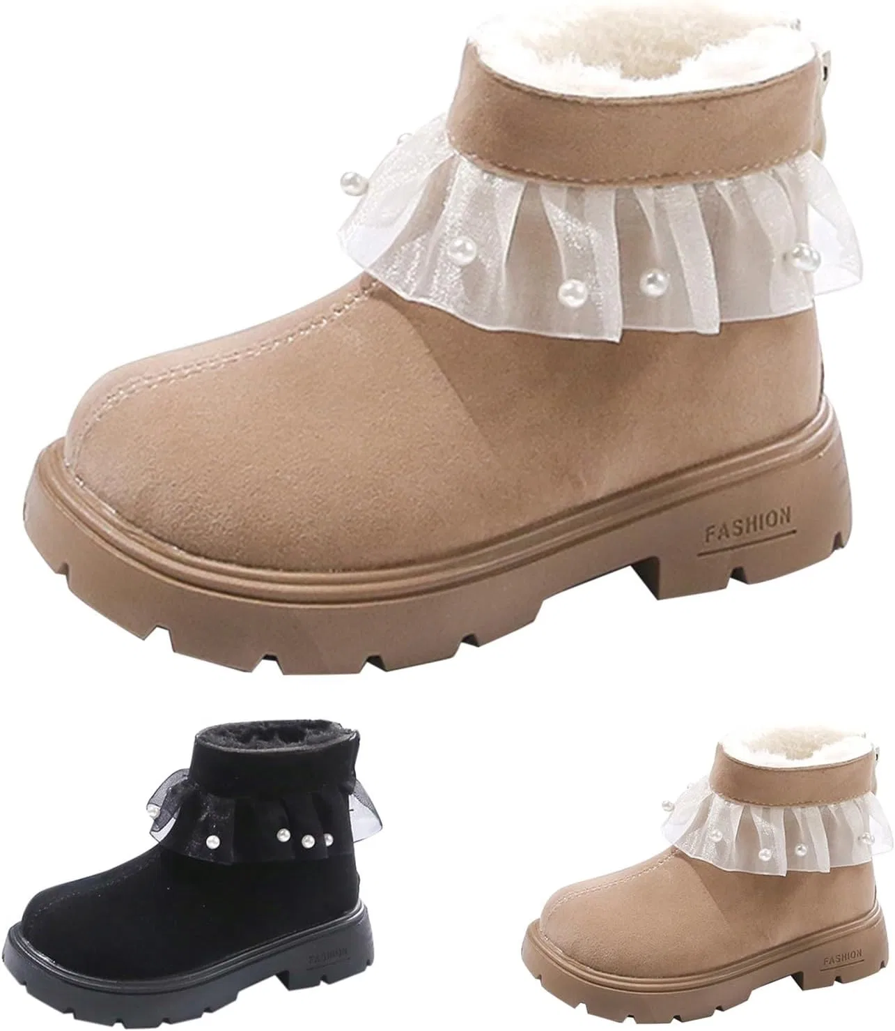 Детские ботинки с искусственным мехом и жемчугом Princess, Khaki — фото 2