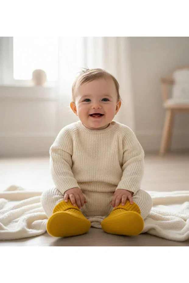 Детские пинетки вязаные с подошвой EVA Basics Nimini Kids, Hardal — фото 2
