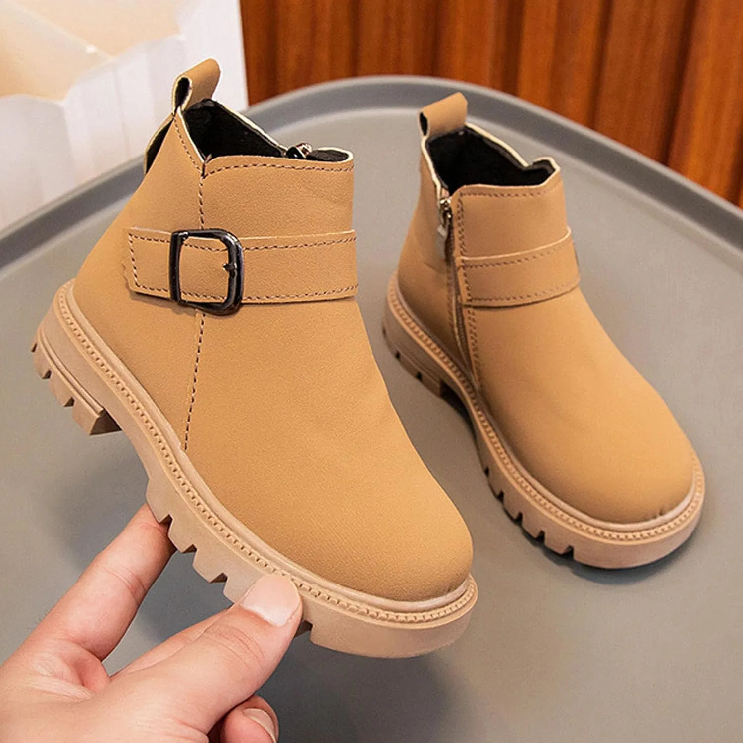 Детские зимние ботинки для девочек и мальчиков с боковой молнией SHOPESSA, Beige — фото 2
