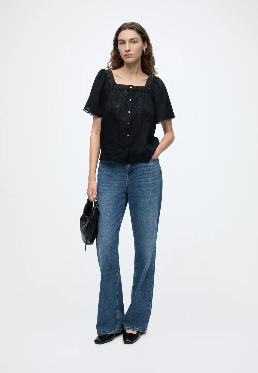 Кружевная женская блузка с квадратным вырезом Gap, Black — фото 2