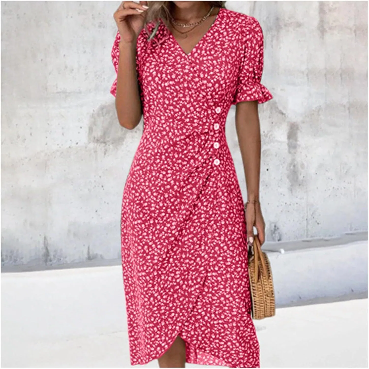 Женское пляжное платье с V-образным вырезом и пышными рукавами Flowy Dresses for Women 2025, 2-hot Pink — фото 2