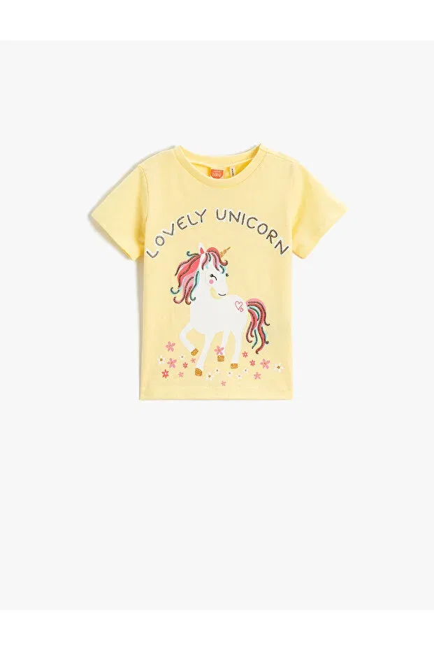 Детская футболка с принтом Unicorn printed short sleeve t-shirt crew neck glitter Koton, Yellow