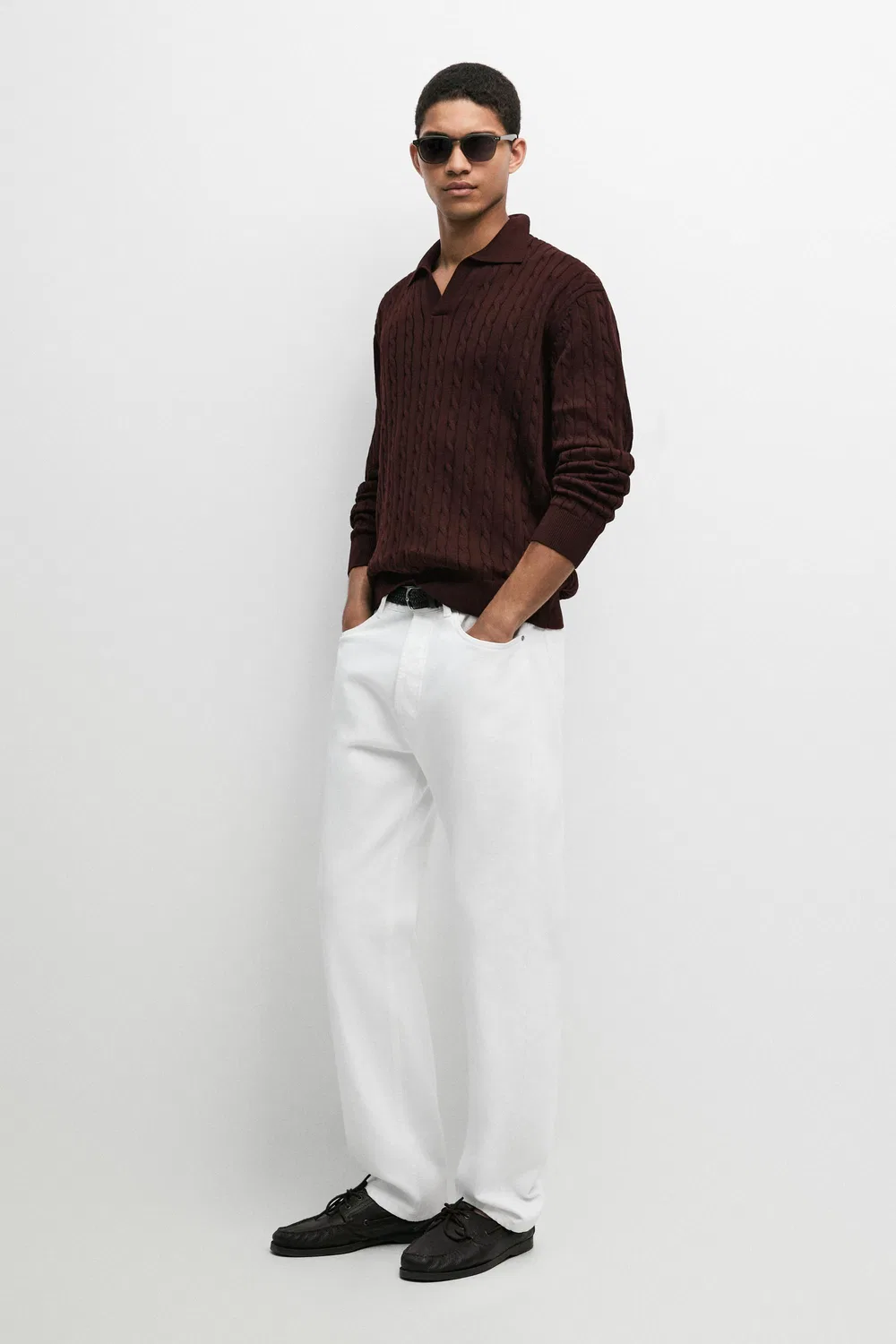 Поло-свитер Massimo Dutti, крупной вязки из хлопка, бургундия