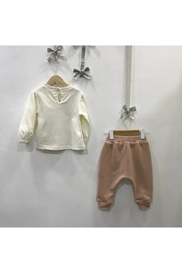 Детский комплект для девочек с принтом Funny Day Tracksuit Set Çikoby, Ecru Vison — фото 3