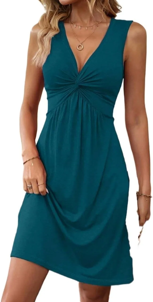 Женское A-силуэта платье с V-образным вырезом Twisted Texture, Teal Blue
