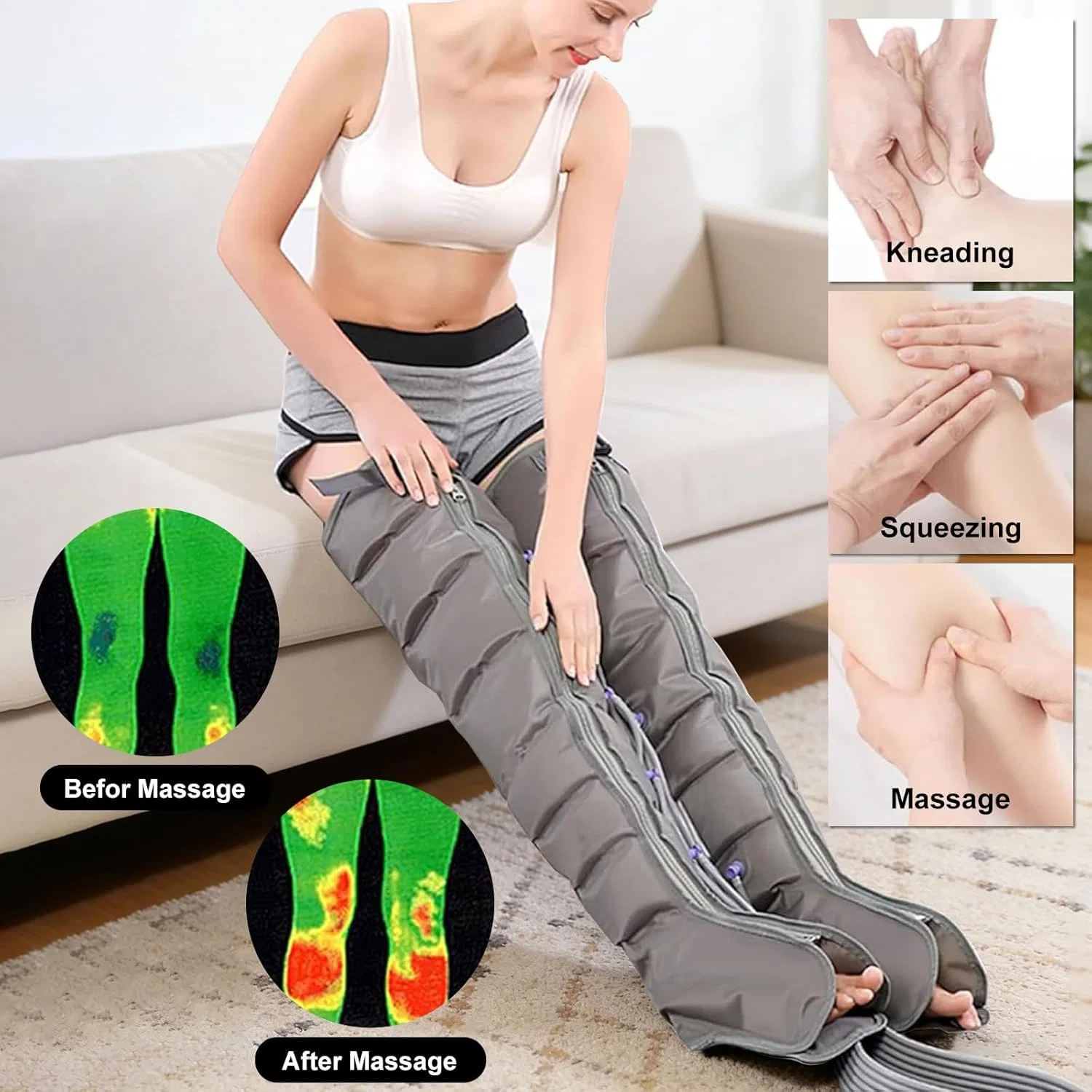 Лимфодренажный массажер для ног, Compression Leg Massager, ZHNANDAMAI, 2 ноги+2 руки+1 пояс, 8 Chambers — фото 4