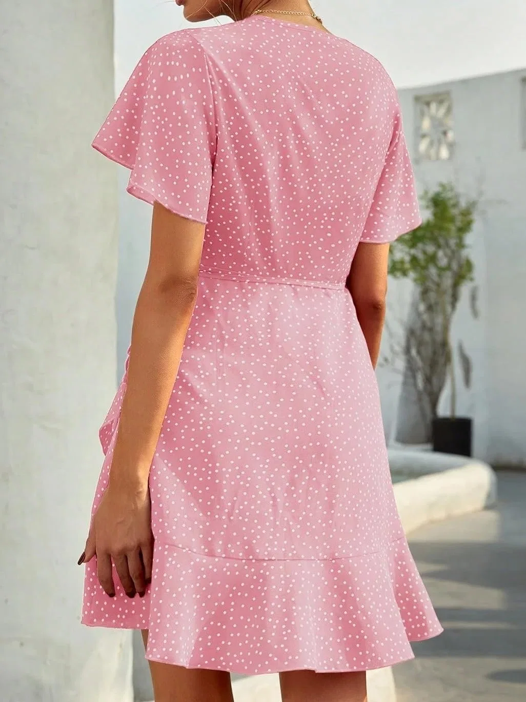 Женское A-силуэта платье с воланами и горошком, Pink — фото 3