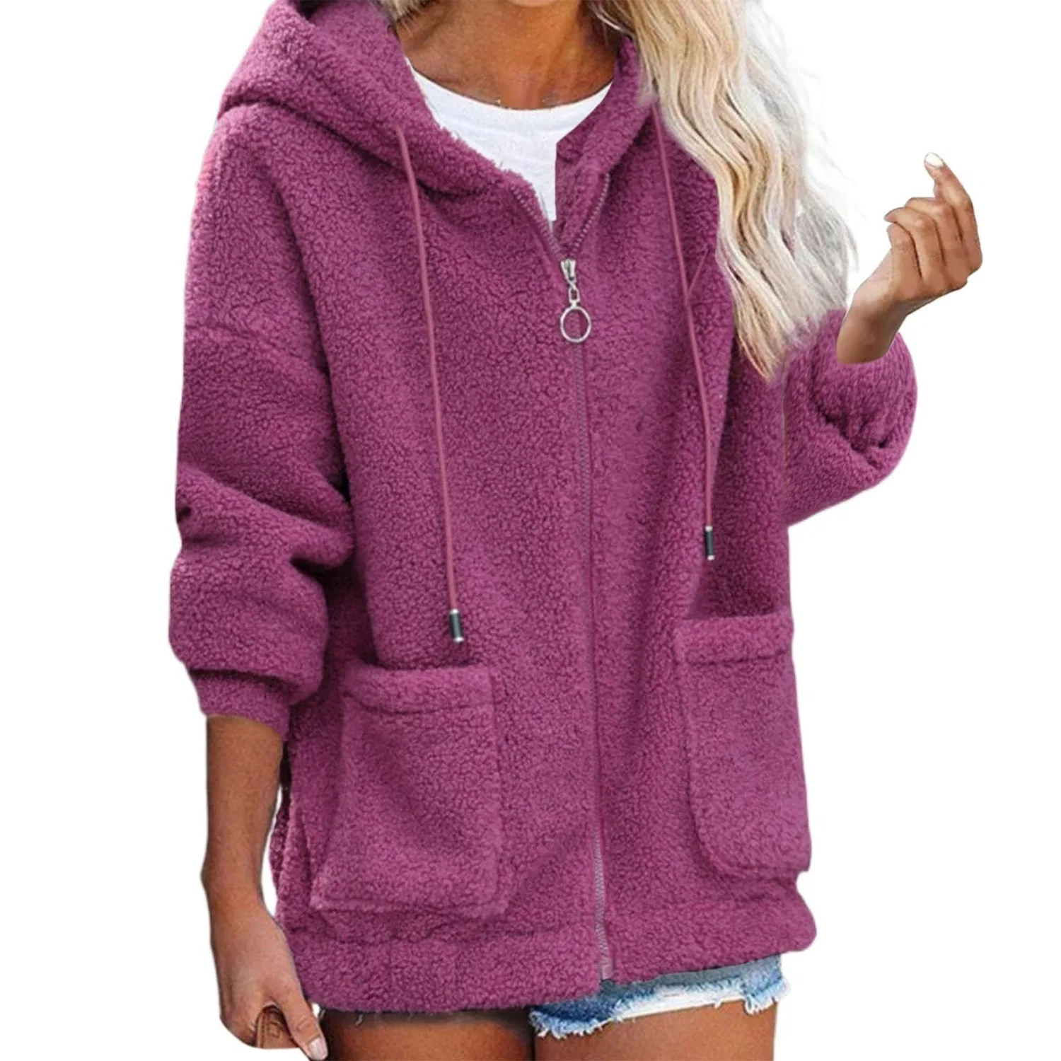 Женское зимнее пальто с капюшоном из плюша Teddy, Hot Pink