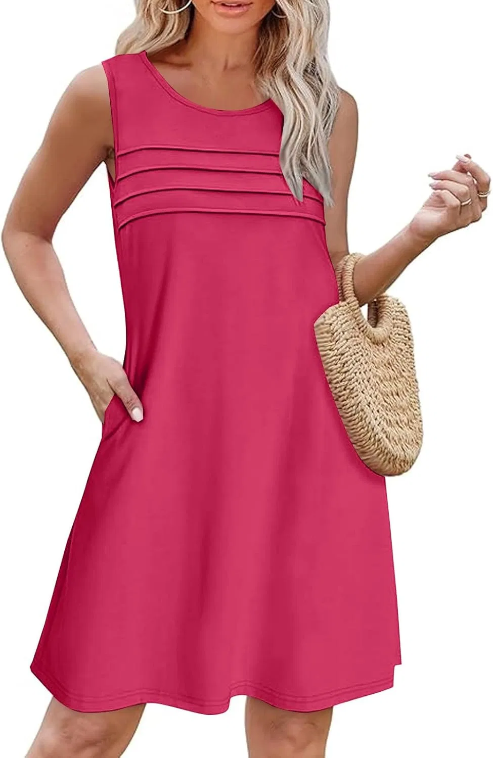 Женское платье-туника свободного кроя с карманами, Hot Pink — фото 2