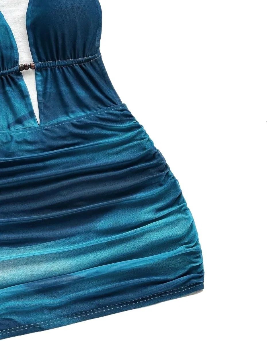 Женское мини-платье на тонких бретелях с открытой спиной, Blue — фото 4