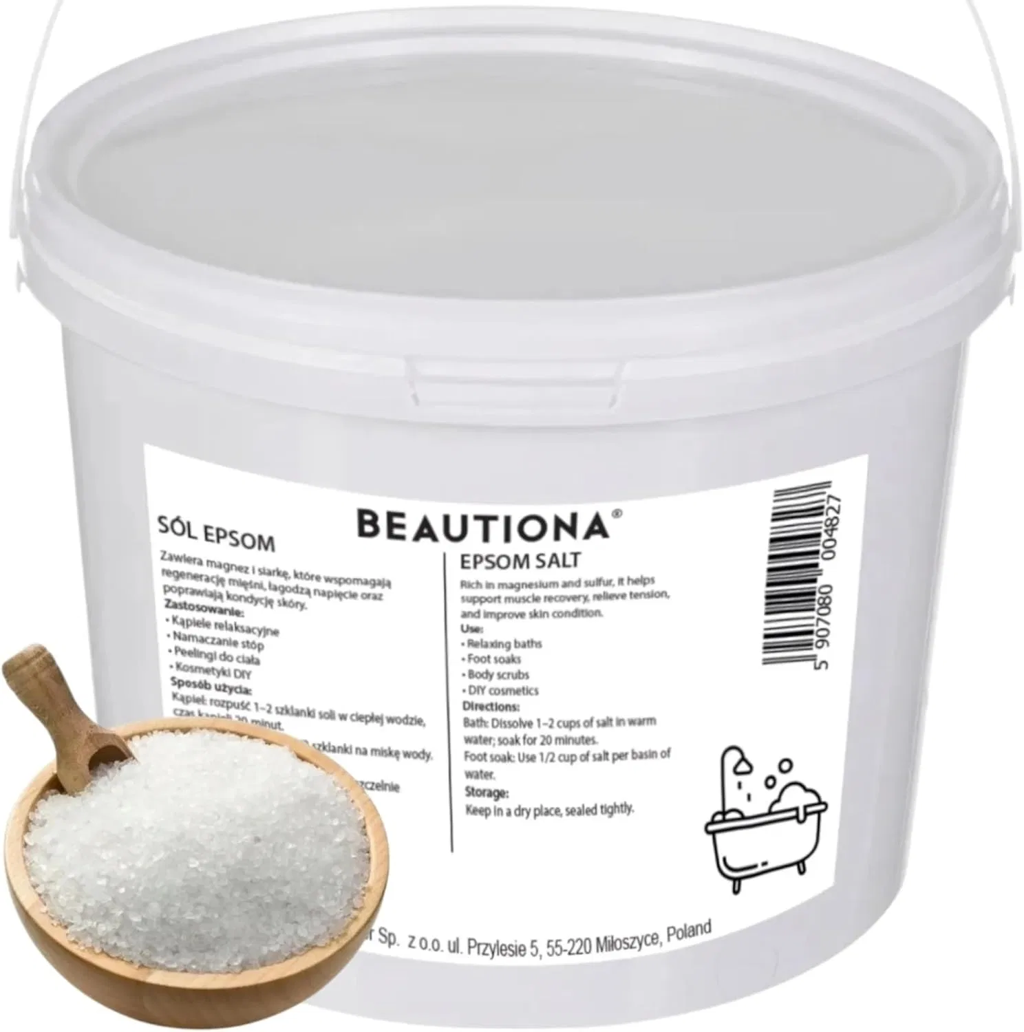 Соль для ванн Epsom Salt 1kg Pure Magnesium Sulphate Bath Salt, BEAUTIONA, 1000 г, White