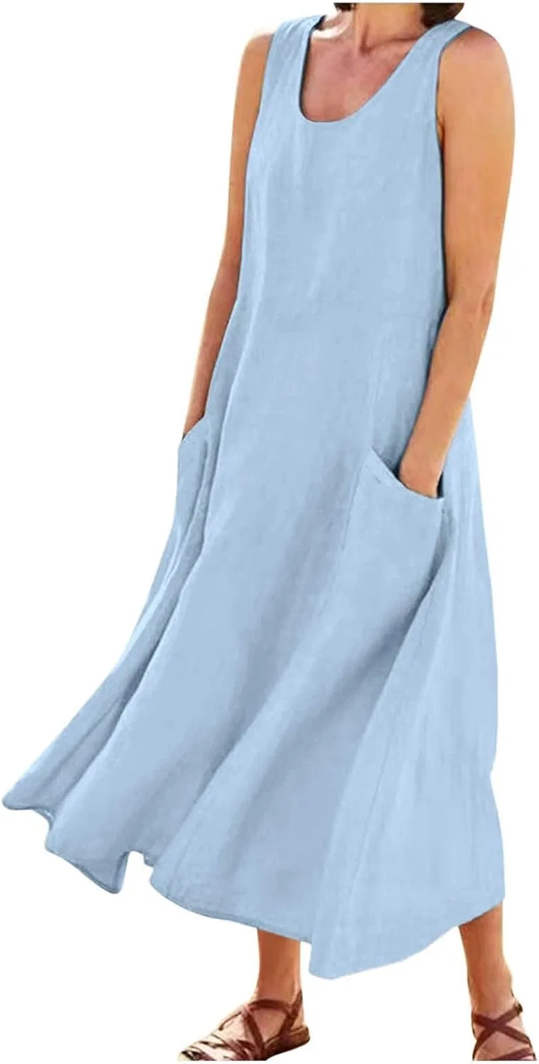 Женское летнее льняное платье макси с карманами, Light Blue
