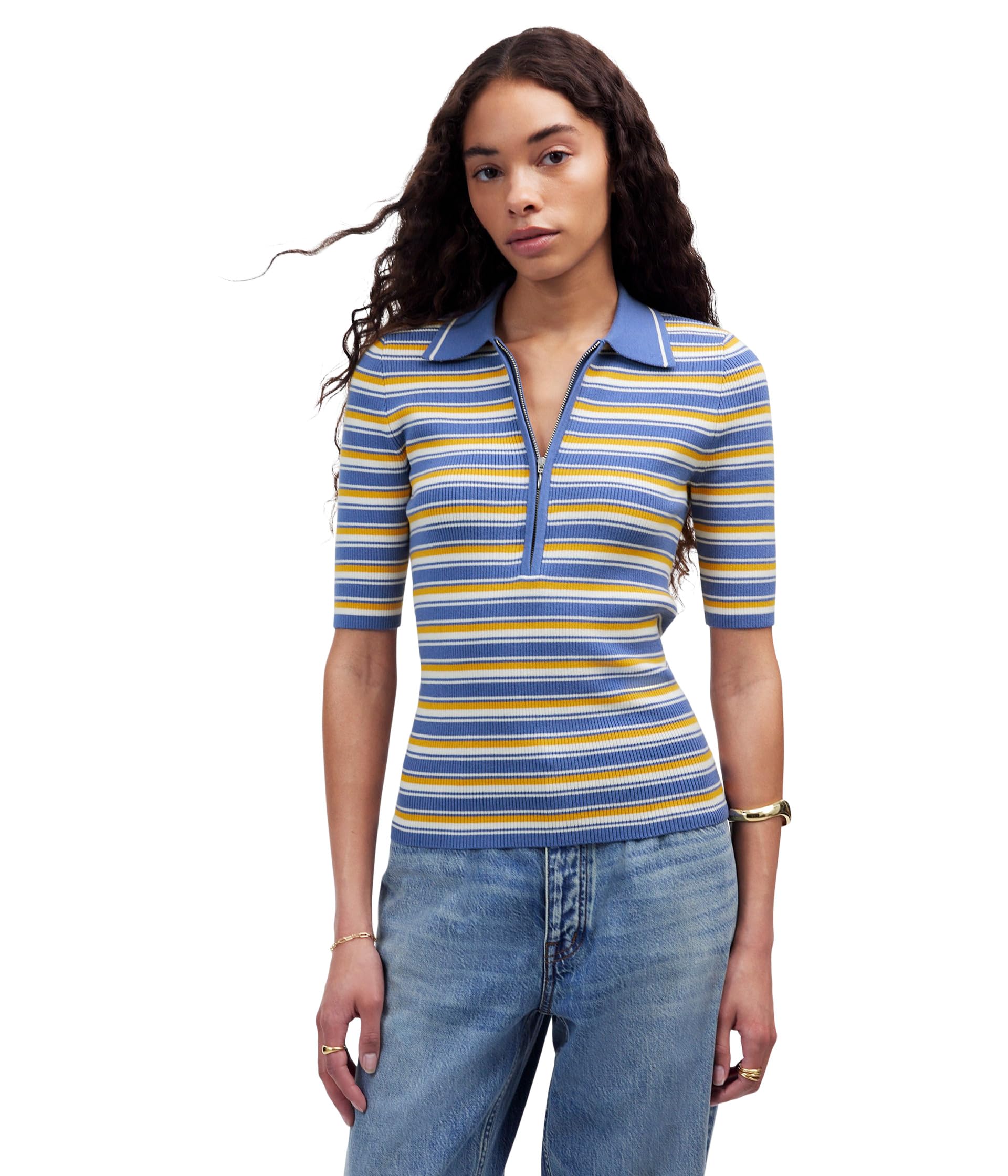 

Поло Madewell Stripe Remi Cotton Compact Zip Polo, Delphinium Stripe