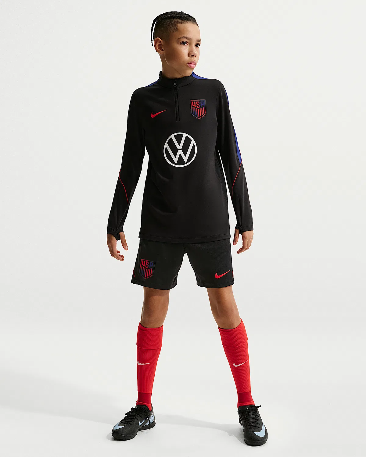 Большие детские шорты Nike Dri-FIT Soccer Knit USMNT Strike, Black/Deep Royal Blue/Challenge Red