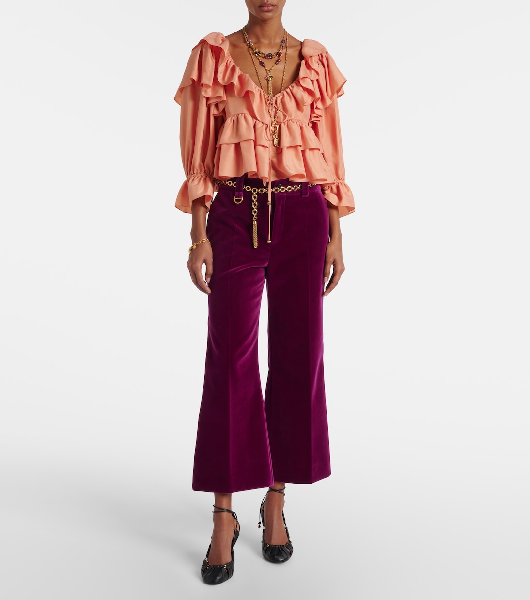 Укороченные брюки-клеш из хлопкового бархата Chloé, Pansy Purple — фото 2