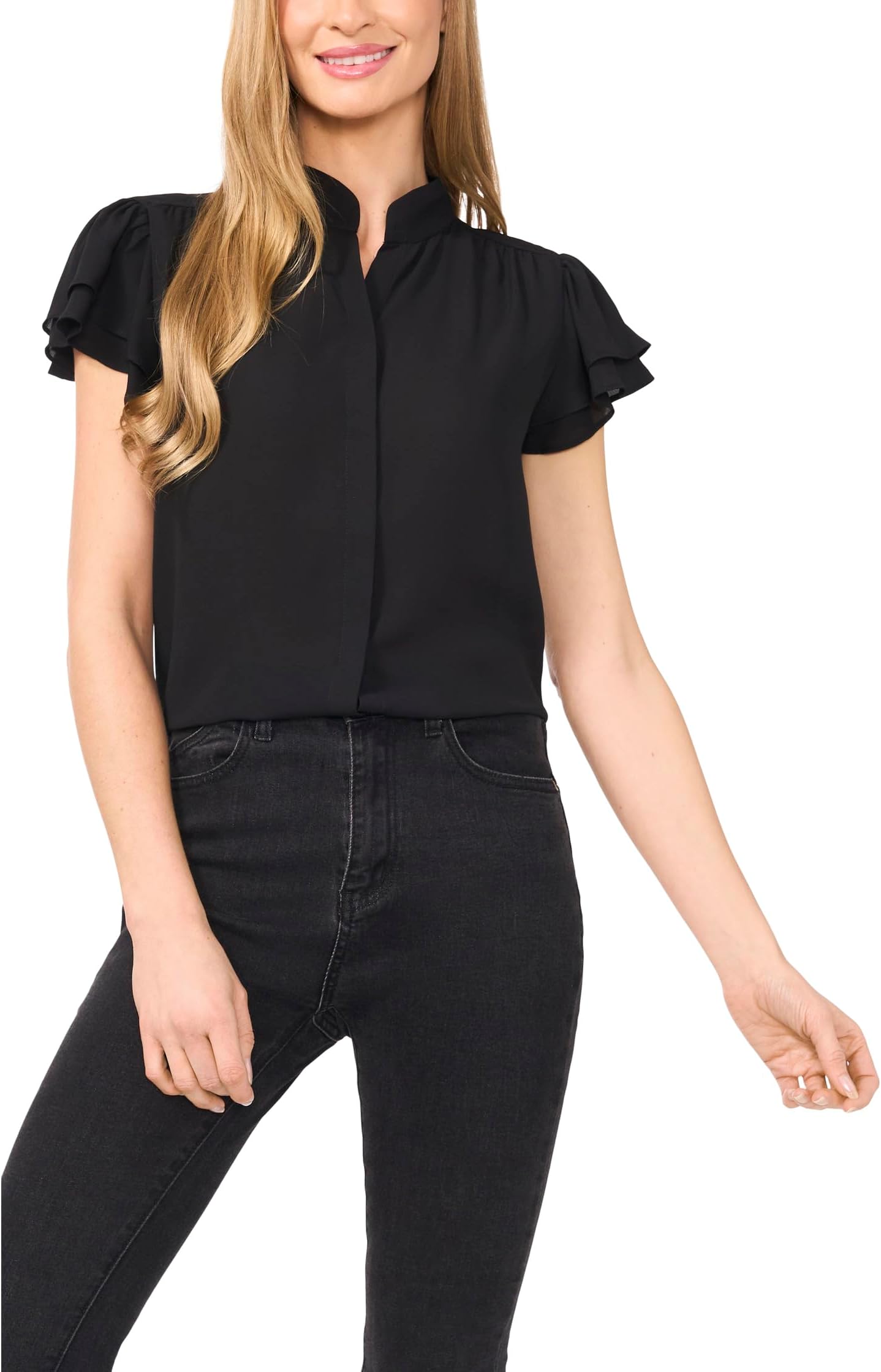 

Блуза CeCe Double Flutter Short Sleeves Hidden Placket Blouse, Rich Black