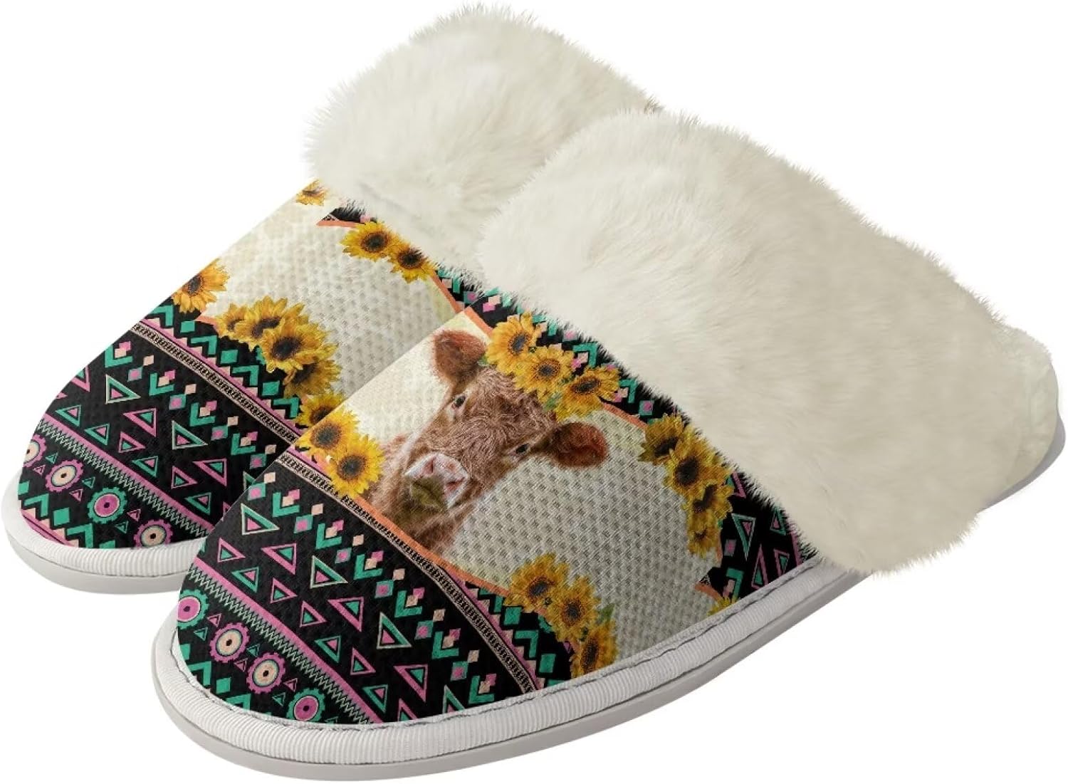 

Тапочки Watdotory для женщин и мужчин, удобные, легкие, зимние, теплые домашние тапочки унисекс, с нескользящей плюшевой подошвой, для ванной, отеля и дома, с резиновой подошвой, Aztec Western Highland Cow Sunflower