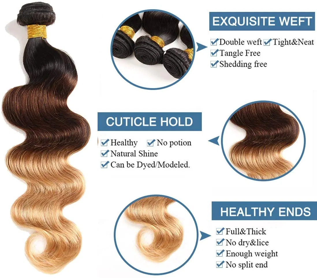 Натуральные волосы для наращивания «Ombre Brazilian Hair Body Wave» с застежкой Elee'S Hair, 3 Bundles With Closure — фото 2