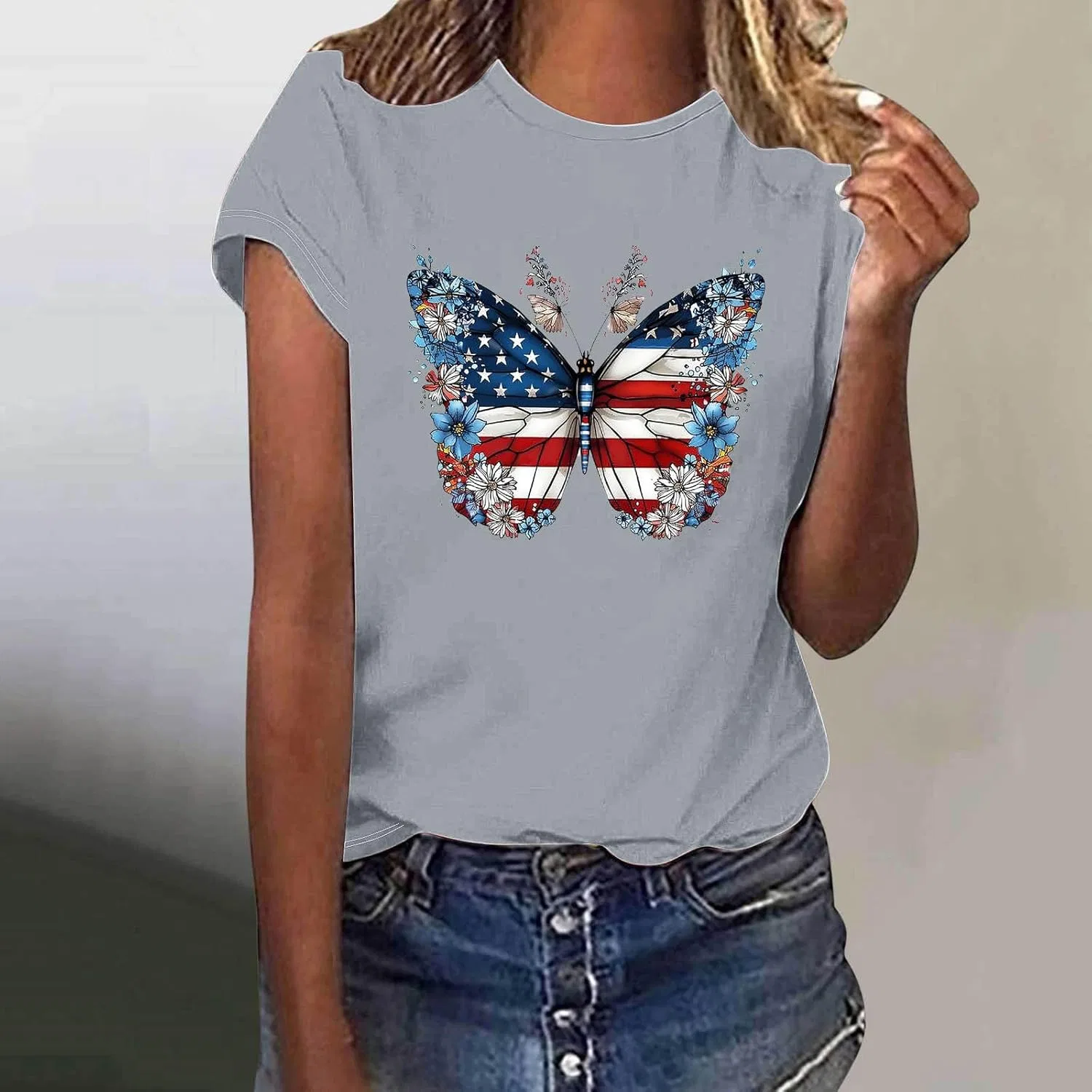 Футболка женская с принтом флага США, Generic, Gray#01 — фото 2