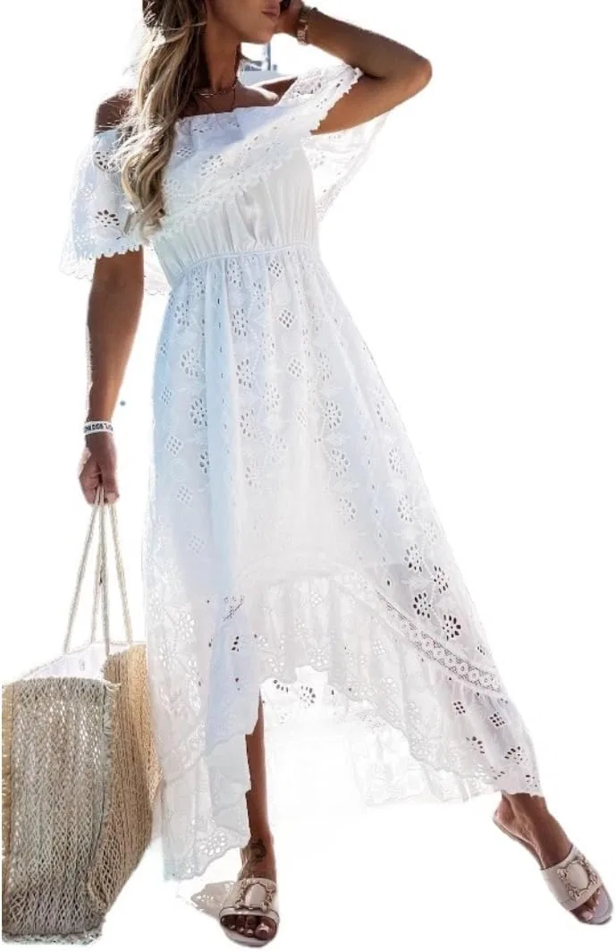 Женское богемное платье с кружевом и бахромой, White