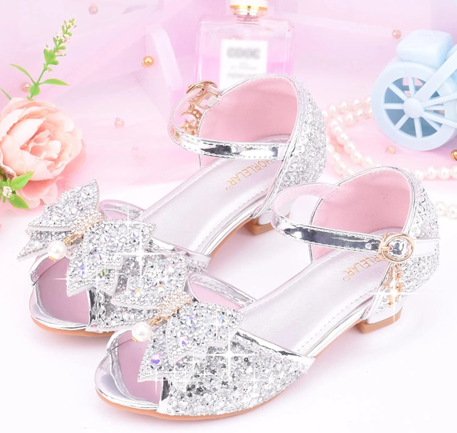 Детские кроссовки для девочек с бантом и блестками Sneakers for Girls Size 13 with Bow and Glitter Childrens Dance Shoes Glitter High Tops Kids Sparkly Shoes, Silver — фото 2