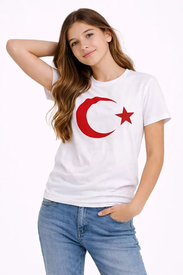 Детская футболка для девочек с принтом Moon Star Flag Printed Ecem Giyim, White — фото 2