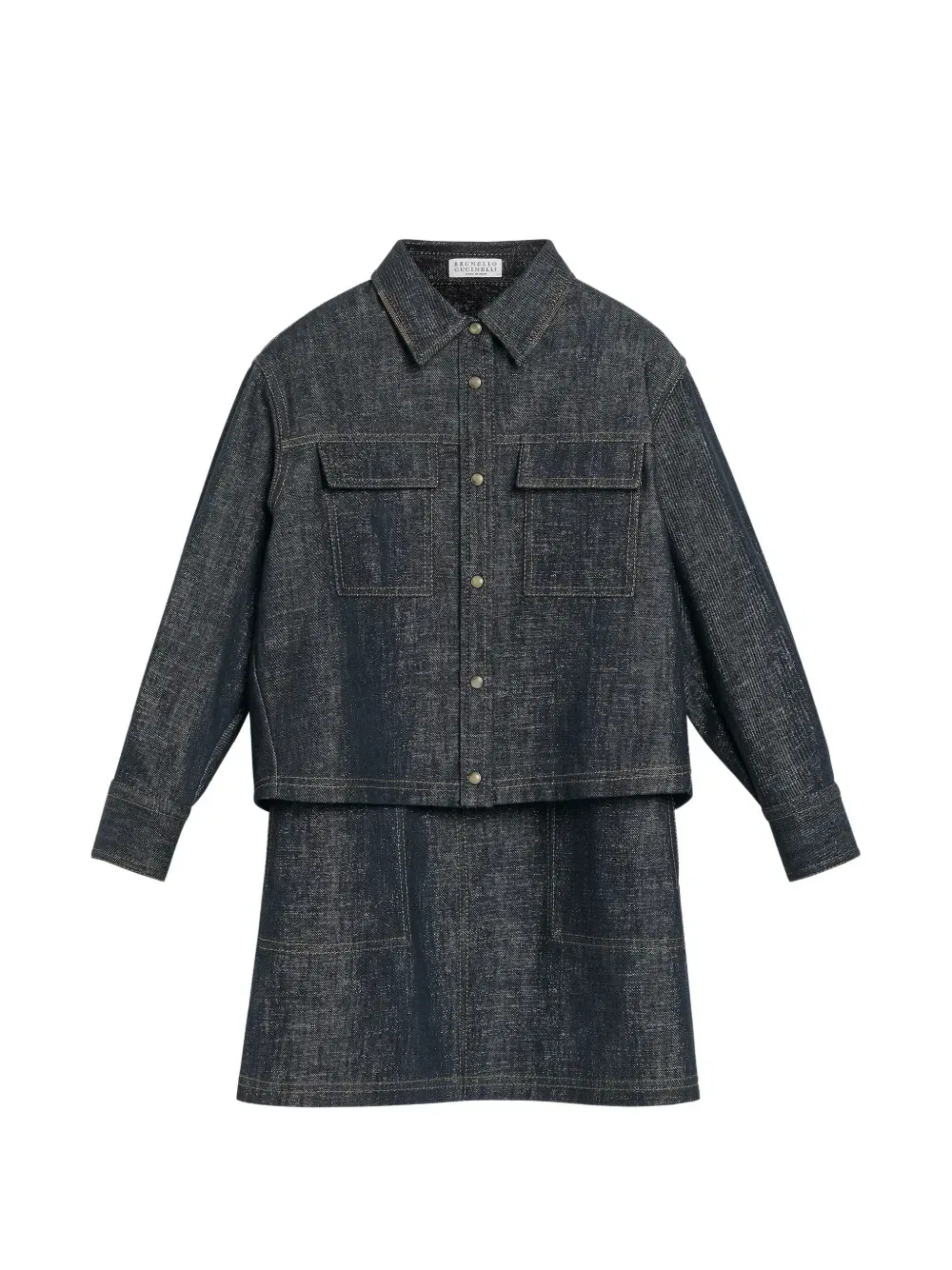 Джинсовый комлпект из сарафана и рубашки с декором Monili Brunello Cucinelli Kids, синий