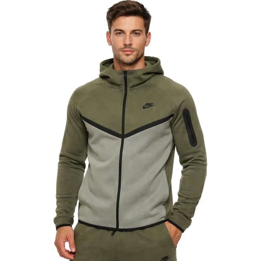 Свитшот мужской с капюшоном Tech Fleece Full Zip Windrunner Hoodie Nike, Хаки/Зеленый