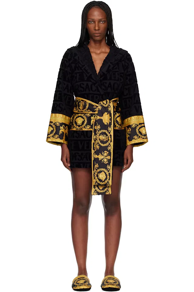 Черный коркий банный халат с надписью i heart baroque Versace