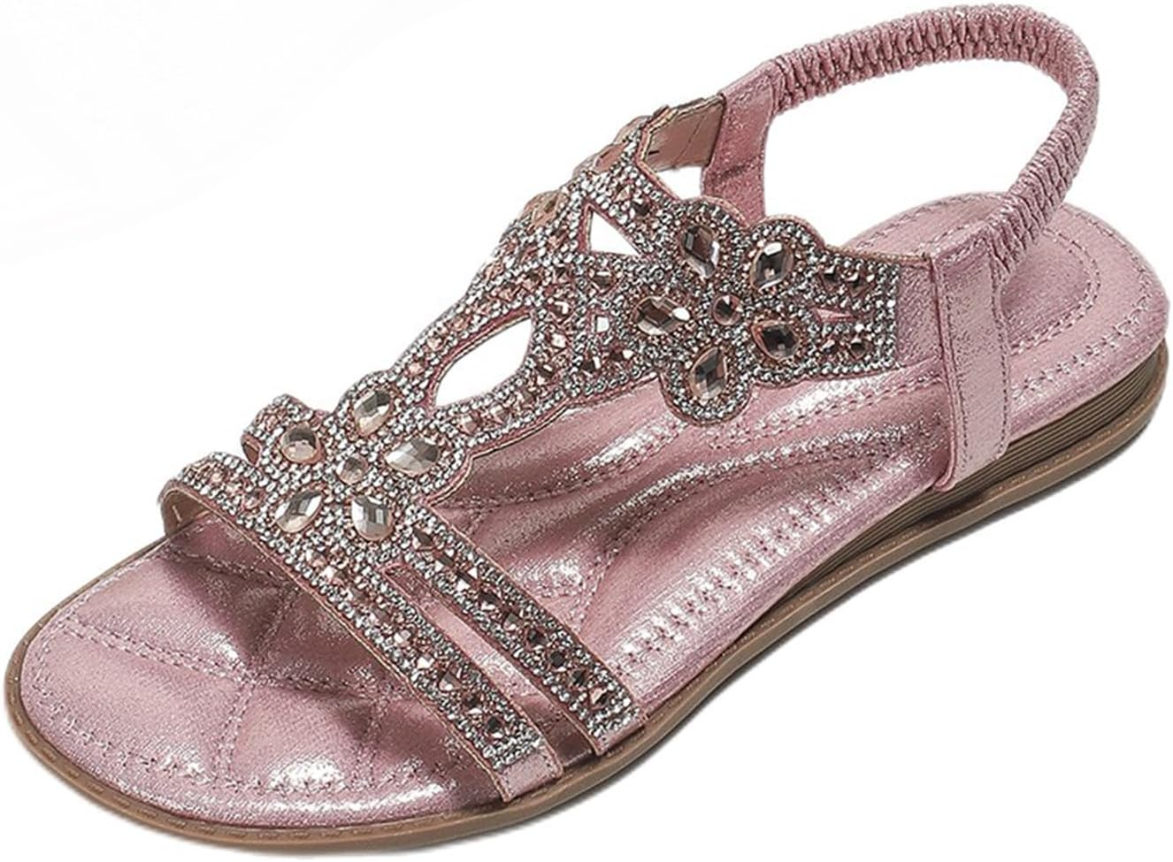 

Женские сандалии с камнями стразы, бохо сандалии на плоской подошве с жемчугом и кристаллами, с Т-образным ремешком и ремешком на щиколотке, удобные для прогулок, легкие повседневные летние пляжные туфли Generic, розовый
