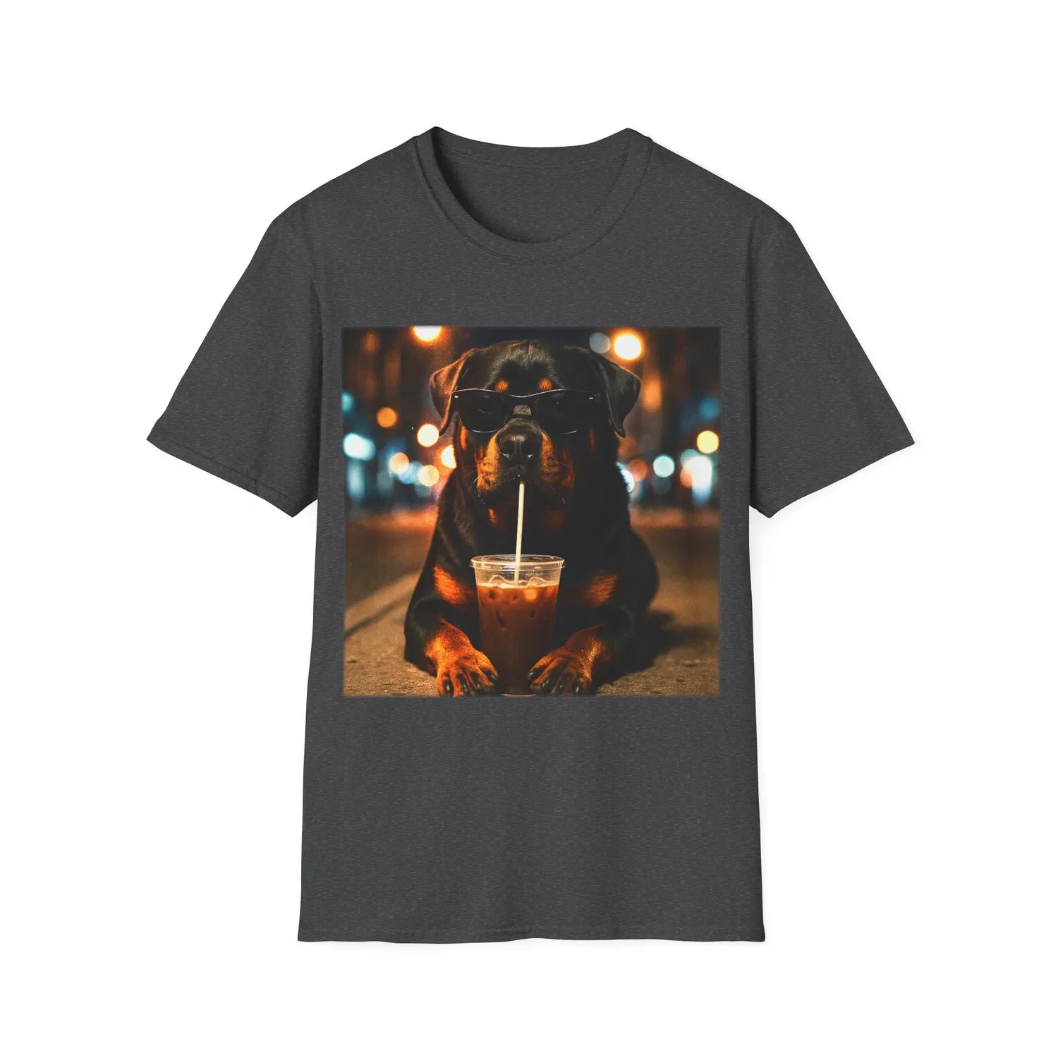 Мужская футболка с принтом Rottweiler che beve caffè ghiacciato, Mélange Scuro