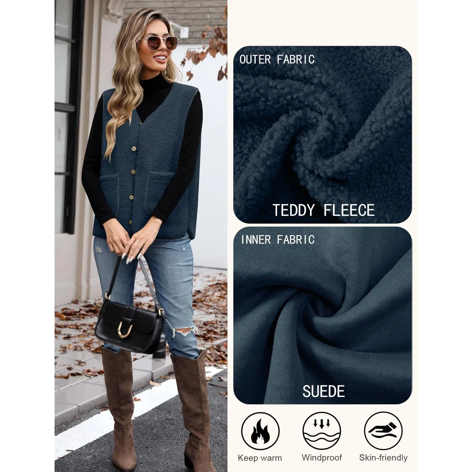 Женский утепленный жилет без рукавов с принтом Fuzzy Teddy Fleece, 02 blu marino — фото 4