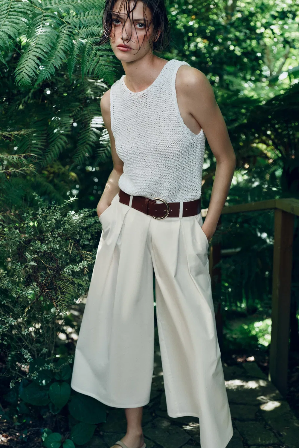 Брюки-кюлоты с поясом ZARA, White