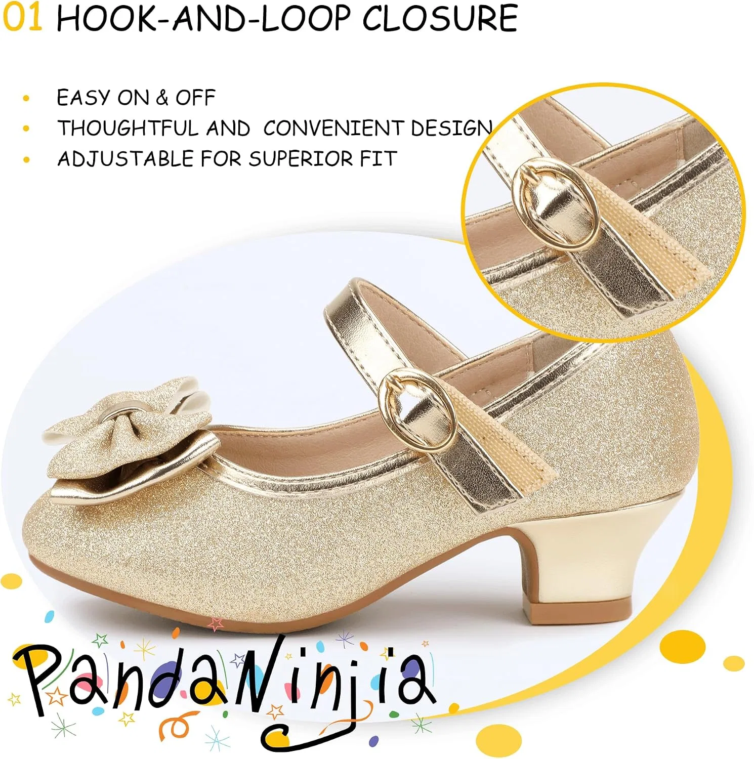 Детские туфли Мэри Джейн для девочек PANDANINJIA, Gold Glitter — фото 4
