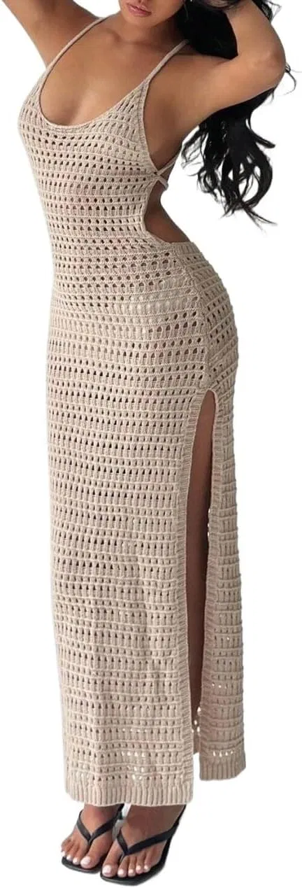 Женское платье с открытой спиной и вырезами Rib-Knit, Khaki