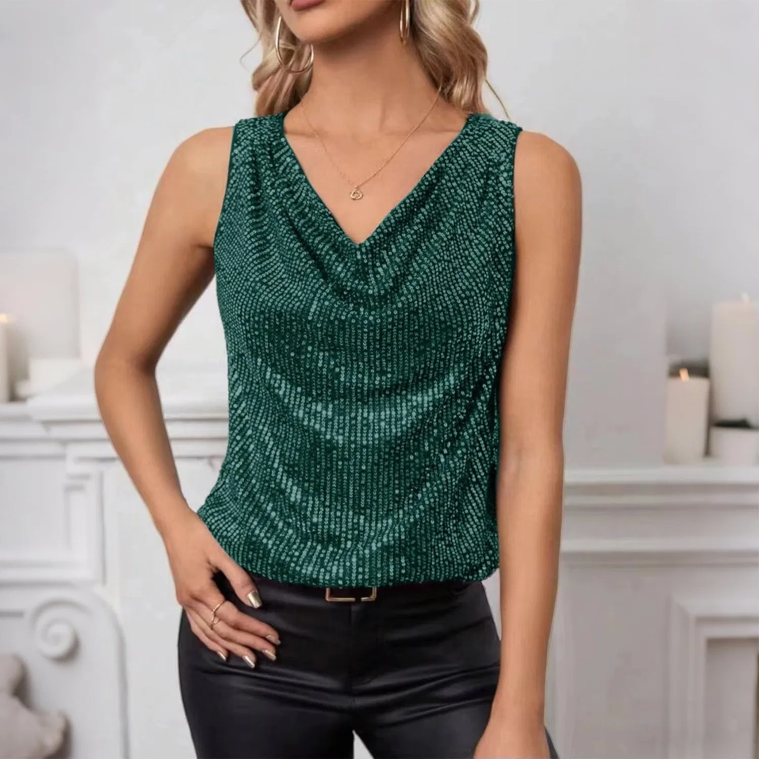Женский топ без рукавов с блестками Sparkly Elegant, Z01-verde — фото 2