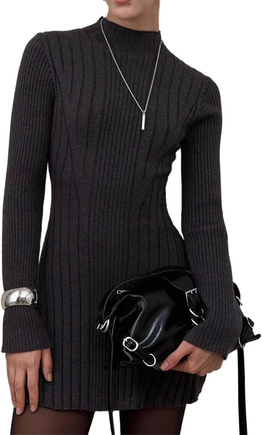 Женское вязаное платье мини с высоким воротником A-line, Dark Grey