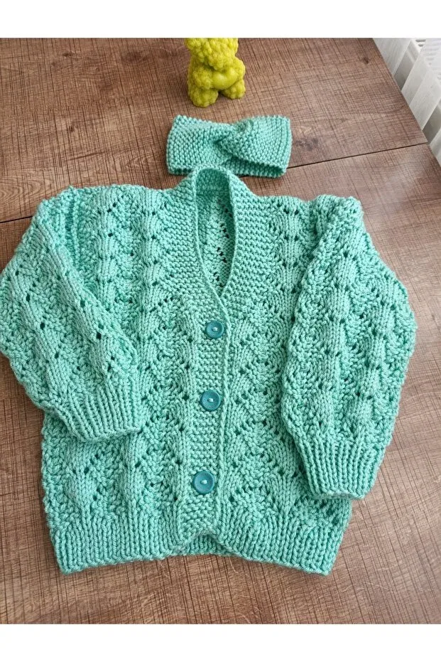 Детский кардиган ручной вязки с V-образным вырезом El Örgüsü Cici Bebe, Green